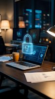 Cybersecurity concept with glowing padlock hologram above laptop in modern office workspace at night with coffee cup and documents on wooden desk.