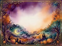 Watercolor Halloween scene with spooky castle, glowing pumpkins, bats, crescent moon, and ornate gold frame on purple orange background.