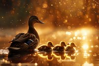 Female mallard duck swimming with ducklings in golden sunset light on calm water, magical bokeh effect creates dreamy atmosphere, reflections enhance natural scene.