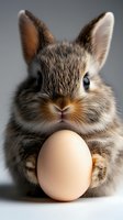 Adorable dwarf rabbit holding large chicken egg against gray background, close-up portrait showing fluffy fur and expressive eyes. Easter holiday concept.