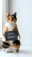Adorable calico cat holding black chalkboard sign saying oops sorry, sitting by window. Cute pet apology concept for social media, greeting cards.
