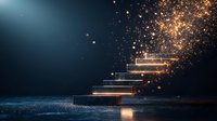 Glowing steps floating in dark space with magical golden particles and light effects creating mystical stairway to success concept for business achievement.