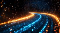Glowing curved light trails in orange and blue colors against dark background with sparkle effects create futuristic technology concept for digital transformation.