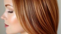 Side profile of young Caucasian woman with long straight copper brown hair, closed eyes, and red lipstick against neutral background, showcasing natural makeup and healthy skin.
