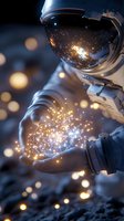 Astronaut holding magical glowing particles in space suit glove, with Earth reflection in helmet visor against dark starry background. Cosmic exploration scene.