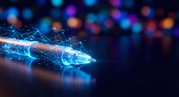 High-speed data transfer concept with glowing blue light trails and network connections on dark background with colorful bokeh lights for technology designs.