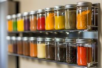 Colorful array of spices and seasonings in glass mason jars arranged on metal shelving, showing vibrant yellows, reds, and oranges in organized kitchen storage.