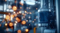 Industrial pipeline system with bokeh light effects in manufacturing facility. Metal tubes and valves against blurred warm glowing background create atmospheric industrial scene.