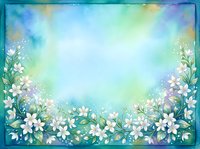 Watercolor floral frame with white flowers and green leaves on colorful gradient background for spring designs and greeting cards.