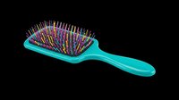 Turquoise paddle brush with multicolored bristles isolated on transparent background, ready for clipart, t-shirt design, stickers, print-on-demand products, and sublimation projects.