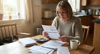 Middle-aged Caucasian woman with glasses reviewing financial documents at kitchen table with calculator and coffee mug for budget planning.