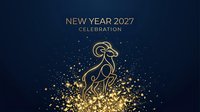 Elegant golden goat silhouette with sparkling particles on dark blue background, symbolizing new year 2027 celebration and festive season greetings.