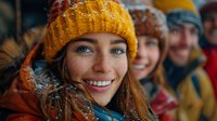 Young Caucasian woman with bright smile wearing yellow knit beanie and winter coat outdoors in snow, natural lighting and authentic candid expression with friends in background.