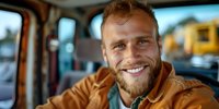 Cheerful Caucasian man with beard wearing brown jacket smiles genuinely while sitting in car, natural daylight creates warm atmosphere for lifestyle portrait.