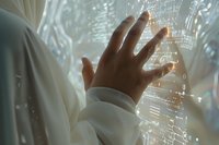 Hand touching digital interface with glowing data streams and binary code, creating futuristic interaction in soft ambient lighting against white fabric background.