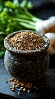 Dried mushroom powder in rustic stone bowl on dark background with fresh herbs and ingredients. Natural organic seasoning for cooking.