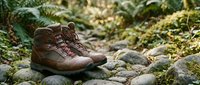 Brown leather hiking boots on mossy stone path surrounded by green ferns in forest setting for outdoor adventure and trekking activities.