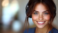 Young Caucasian woman with bright smile wearing headphones and blue polka dot top, looking directly at camera against blurred background. Natural makeup and blue eyes.