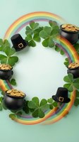 Circular arrangement of lucky four-leaf clovers, black leprechaun hats, and gold coin pots surrounding a vibrant rainbow on mint background. Perfect for St. Patrick's Day celebrations, holiday greeting cards, and festive marketing materials.
