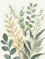 Soft watercolor botanical arrangement featuring sage green and golden yellow eucalyptus leaves and foliage stems on cream background, creating gentle natural composition.