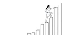 Young businesswoman climbing bar chart steps representing career growth and success achievement on white background isolated for design use.