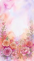 Watercolor floral frame with roses, hearts, and botanical elements on soft pink and purple gradient background, isolated on white for greeting cards and design projects.