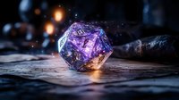 Glowing purple crystal polyhedron with magical light effects on dark background. Mystical geometric shape with ethereal illumination creates fantasy atmosphere.