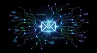 Digital email marketing network with glowing envelope icon connected to communication symbols on dark background for business technology concepts.