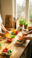 Hands preparing fresh vegetables in glass containers for meal prep in sunny kitchen with herbs and wooden utensils on counter.