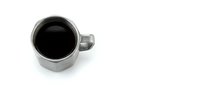 White ceramic coffee mug filled with black coffee isolated on white background for beverage design and morning drink concepts.
