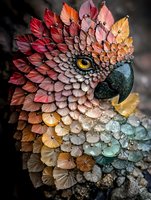 Artistic parrot portrait with layered petal-like feathers in vibrant gradient colors from red to turquoise, featuring striking yellow eye and dark beak against dramatic background.