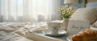 Elegant breakfast tray on a bed with floral tea cup, fresh daisies, croissant, and thank you card in a soft morning light.