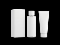 Cosmetic product packaging set with white box, clear bottle, and tube isolated on transparent background, ready for branding, labeling, and design mockups for skincare, beauty, and personal care product presentations.