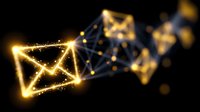 Glowing golden envelope icon with digital network connections and sparkle effects on dark background, representing electronic mail communication.