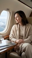 Elegant businesswoman in beige outfit relaxing on private jet looking out window during luxury flight with magazine and coffee for business travel.