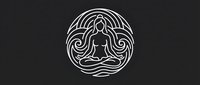 Minimalist line art meditation logo with person in lotus pose surrounded by flowing circular patterns on dark background for wellness branding.