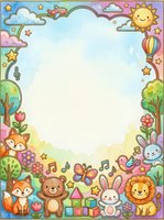 Colorful watercolor kids frame with cute animals, sun, rainbow, flowers and stars, blank center space for text or photo.