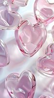 Translucent pink glass hearts with soft reflections and shadows on white background create romantic mood for valentines designs and love concepts.