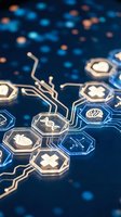 Digital healthcare technology concept with glowing hexagonal medical icons connected by circuit pathways on blue background for telemedicine applications.
