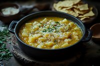 Homemade potato soup garnished with grated parmesan cheese and fresh herbs served in cast iron pot with crispy crackers on rustic wooden board.