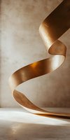 Abstract spiral sculpture in copper tones against neutral background, creating dynamic movement and elegant curves with dramatic lighting and shadows.