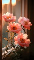 Delicate coral peonies bathed in warm sunset light against window, creating dreamy atmosphere with soft bokeh effect and gentle shadows in vertical composition.