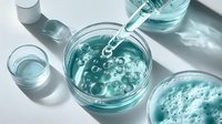Turquoise liquid droplets falling into petri dish creating bubbles and ripples against white background, laboratory research concept with dramatic lighting.