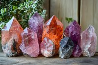 Collection of colorful healing crystals and mineral stones including amethyst, rose quartz, and citrine points arranged on wooden surface with green plants.