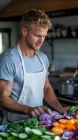 Young Caucasian male chef in white apron and blue t-shirt chopping fresh vegetables in modern kitchen. Natural lighting highlights focused expression and professional technique.