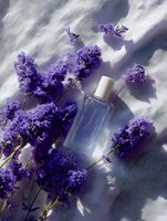 Purple lavender flowers and glass perfume bottle on white surface with soft shadows, creating elegant spa and beauty composition for cosmetic advertising.