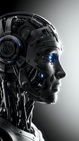 Futuristic robot head profile with glowing blue circuits and mechanical components on gradient background for technology concepts.