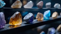 Raw healing crystals and gemstones displayed on dark shelves against blue background, featuring amethyst, citrine, rose quartz and other mineral specimens in natural form.