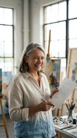 Senior woman artist holding sketch in bright studio with paintings and brushes, smiling while reviewing work in creative space.