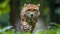 Majestic cheetah running at high speed through green foliage, displaying spotted coat pattern and intense focused gaze, dust flying from powerful strides.